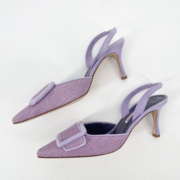 Manolo Blahnik Mayslibi Lilac Raffia Slingback Buckle Pointed Toe Heels IT 38.5 - Picture 5 of 12